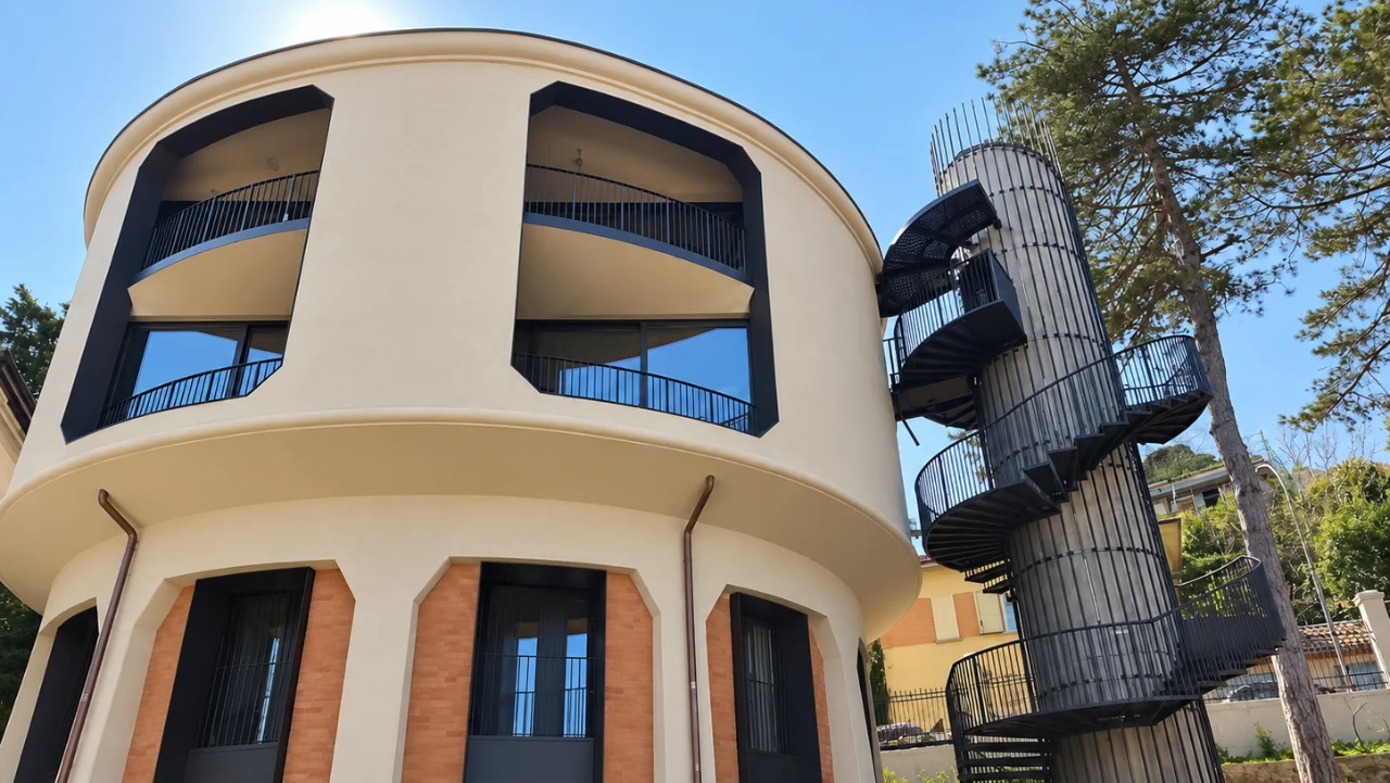 Ex serbatoio dell'acqua riconvertito in residenze a Bologna, con facciata curva e scala esterna